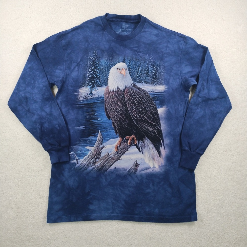 Vtg The Mountain Bald Eagle Graphic L/ S T-shirt Men's Med Blue AOP Tie Dyed